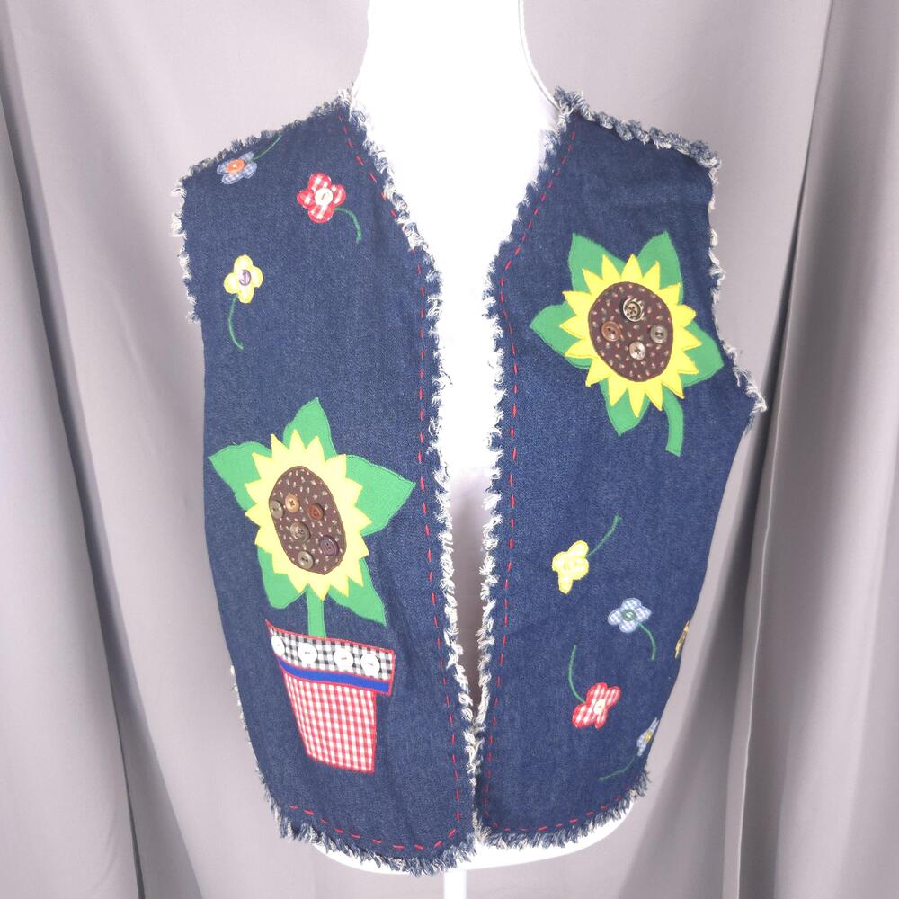 Handmade Womens Vest L Denim Cottagecore Sunflower Fringe Embroidered Gingham